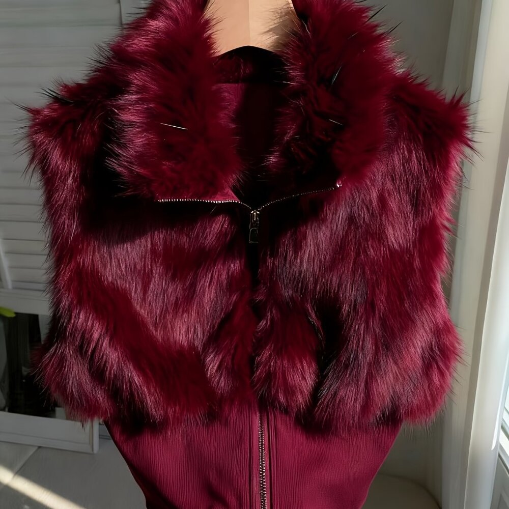 Burgundy Faux Fur Sleeveless Zip Jacket | High Collar Cropped Vest | XXL (14) - Picture 7 of 9